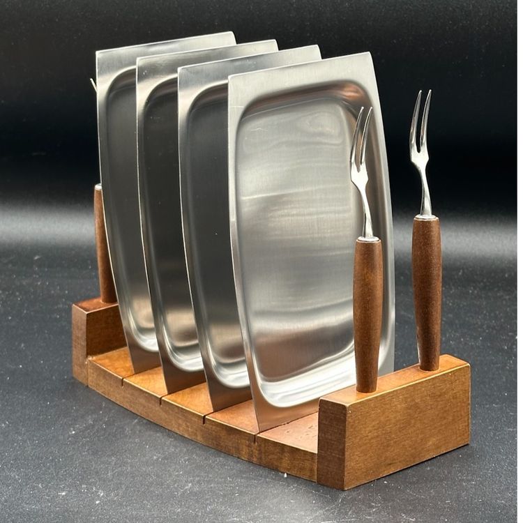 1960s Mid Century Modern Appetizer Wood Stainless Hors D 'oeuvre Set Japan NOS