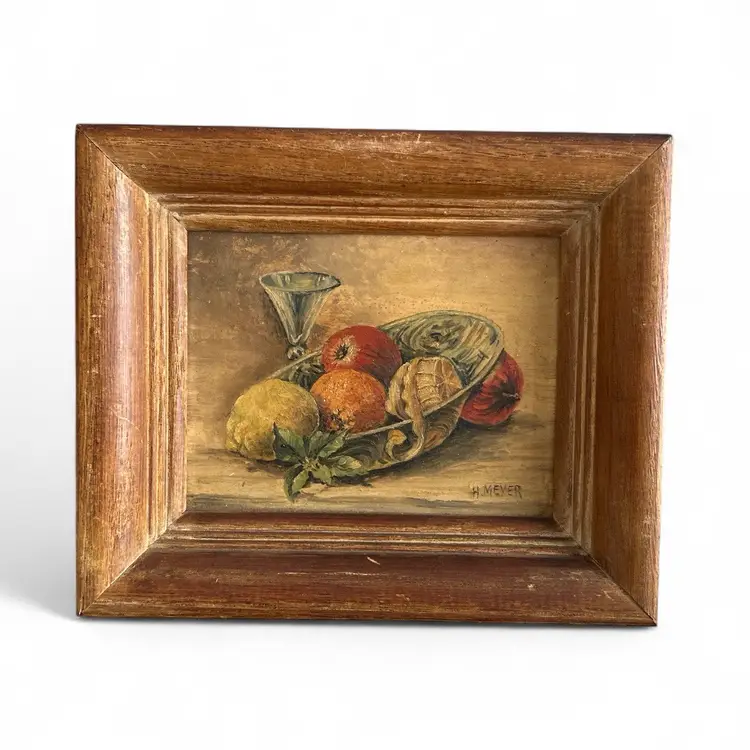 Vintage Signed H Meyer Fruit And Goblet Still Life Original Oil Mini Painting