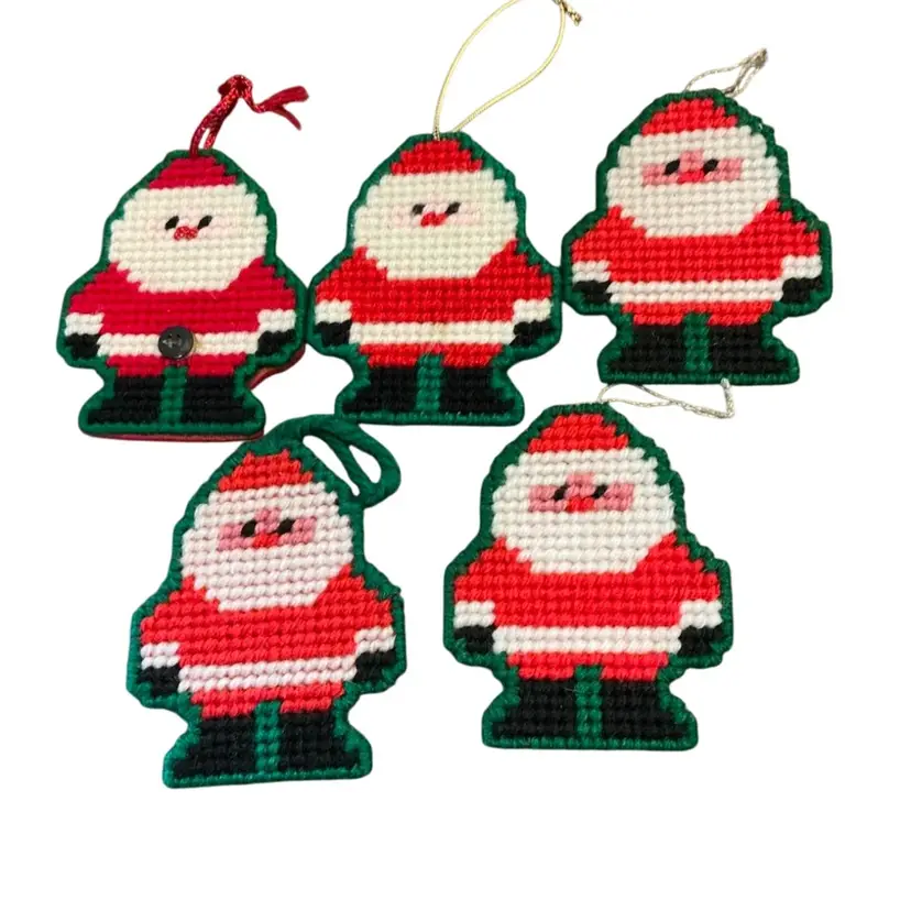 Vintage Handmade Needlepoint Santa Ornaments