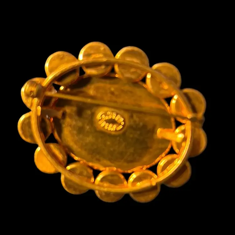 Stunning Made In Austria Prong Set Scarlett Red Glass Cabochon Surrounded By Gold Filigree Balls Topped With AB Rhinestones