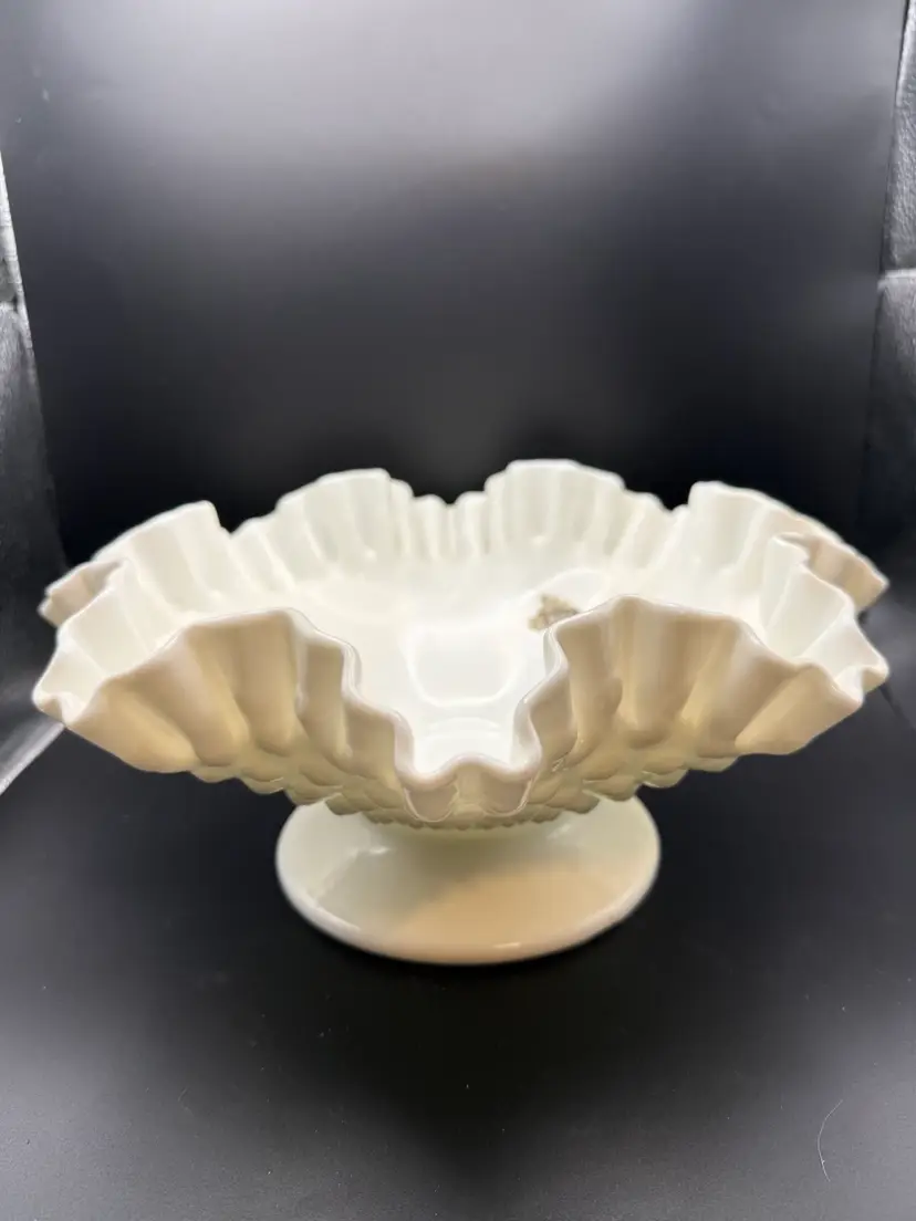 Vintage Fenton White Milk Glass Hobnail Ruffled Pedestal Bowl - 10 In