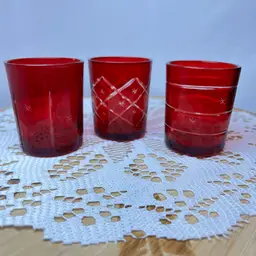 Vintage Set of 3 Flashed Ruby Red Cut to Clear Glass Votive Candle Holder