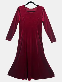 Red Velour Midi Dress Long Sleeve Fit & Flare Stretch Minimalist Small 6
