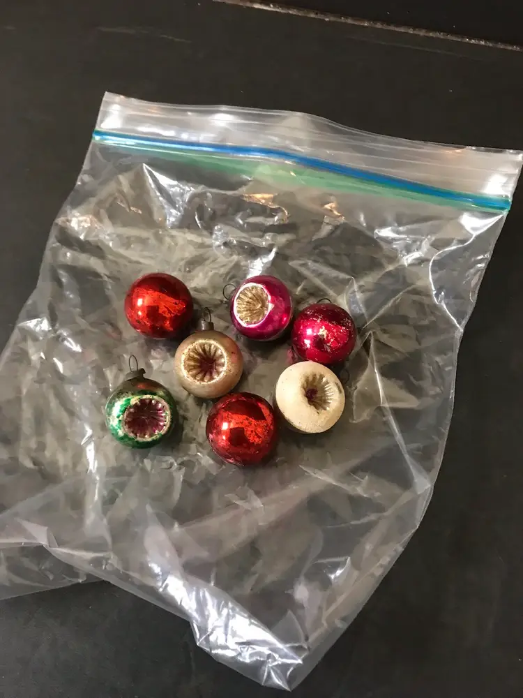 Vtg Mini Glass Indent Reflector & Solid Christmas Tree Ornaments Japan