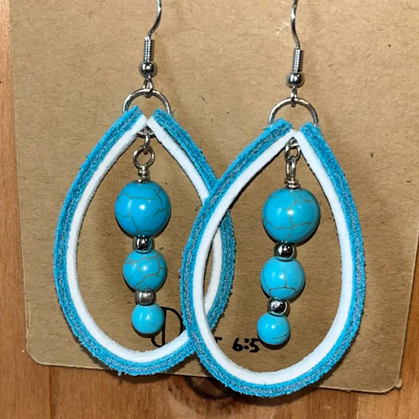 Faux Leather With Turquoise & Silver Bead Earrings