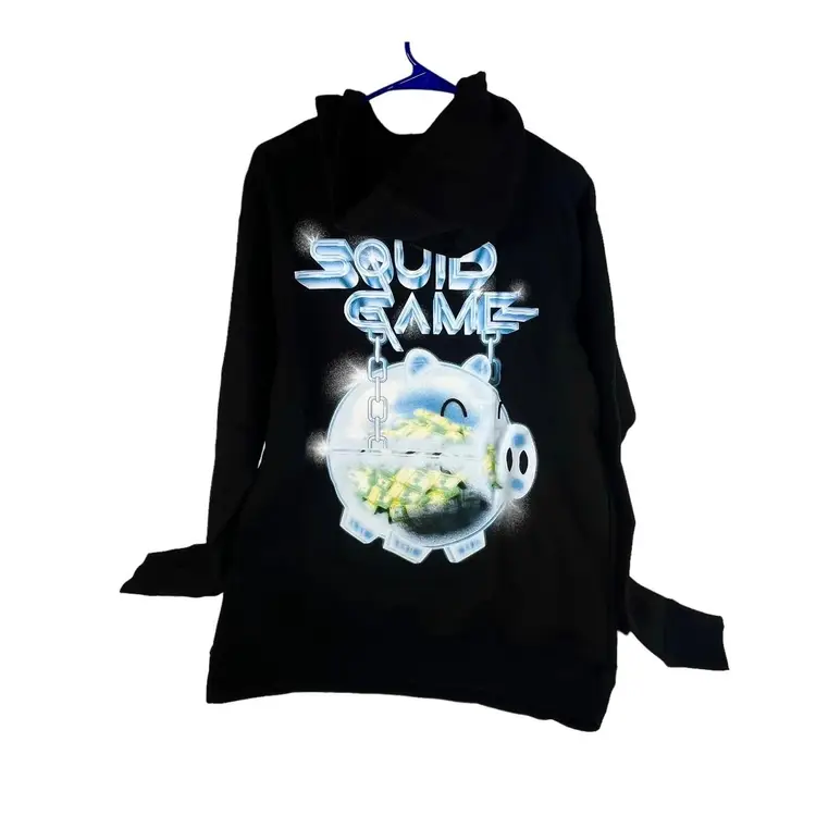 NEW Squid Game Black HOODIE SWEATSHIRT Medium Mens Blue Piggy Bank Money PacSun