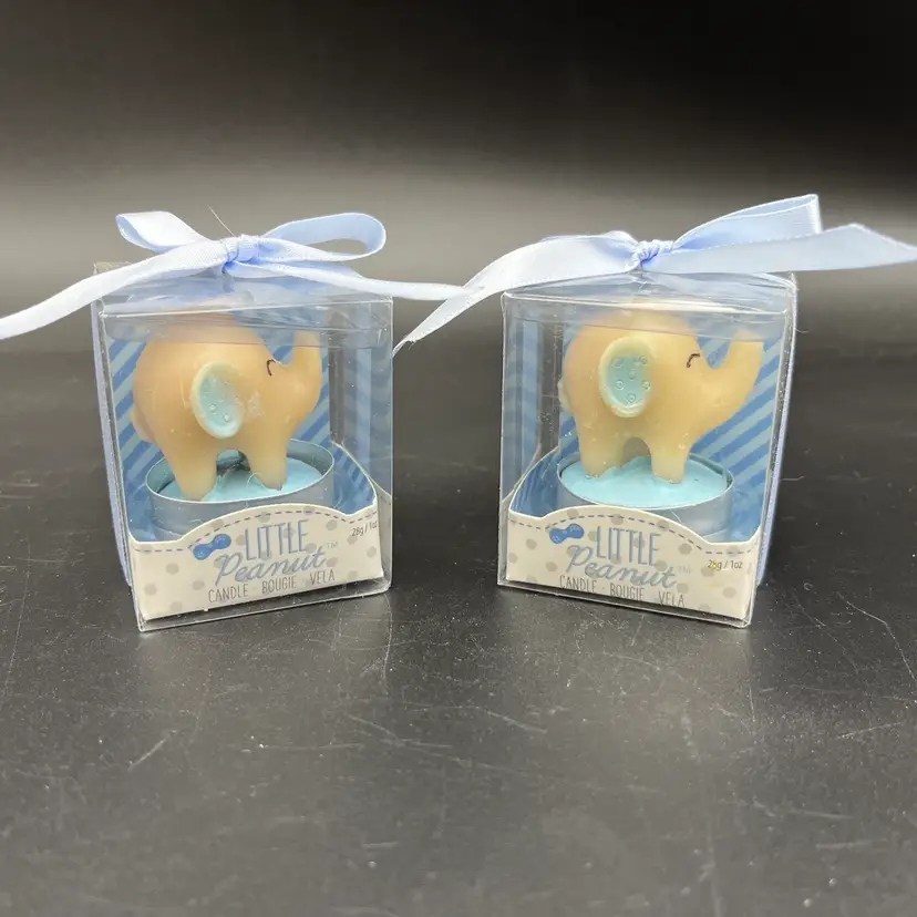 Pair Of Little Peanut Elephant Votive Candles By Kate Aspen. Lot Of 2 In Blue. Trunks Up For Luck!