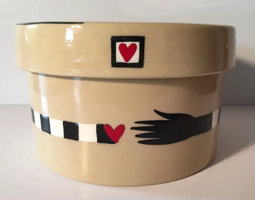 Alison Palmer Ceramic Cookie Jar Canister Signed With Spiral Lid Hand & Hearts