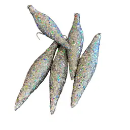 003 Vintage Set Of Five Silver Glass, Heavy Glitter Christmas Tree Ornaments