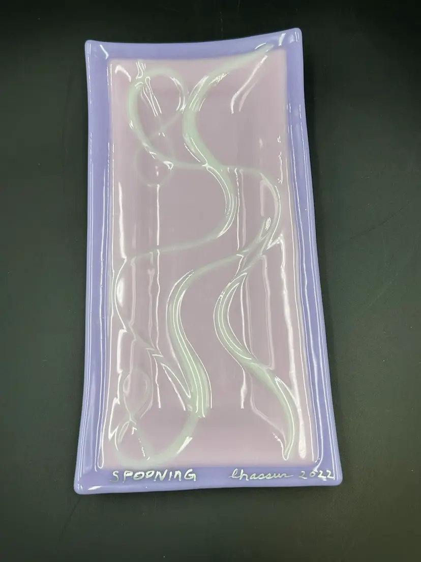 Handmade Art Glass Signed Pink & White Swirl Pattern Tray / Catchall /trinket Dish