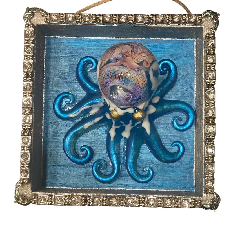Blue Octopus With Mermaid Shadow box Wall Art Hanging Handmade