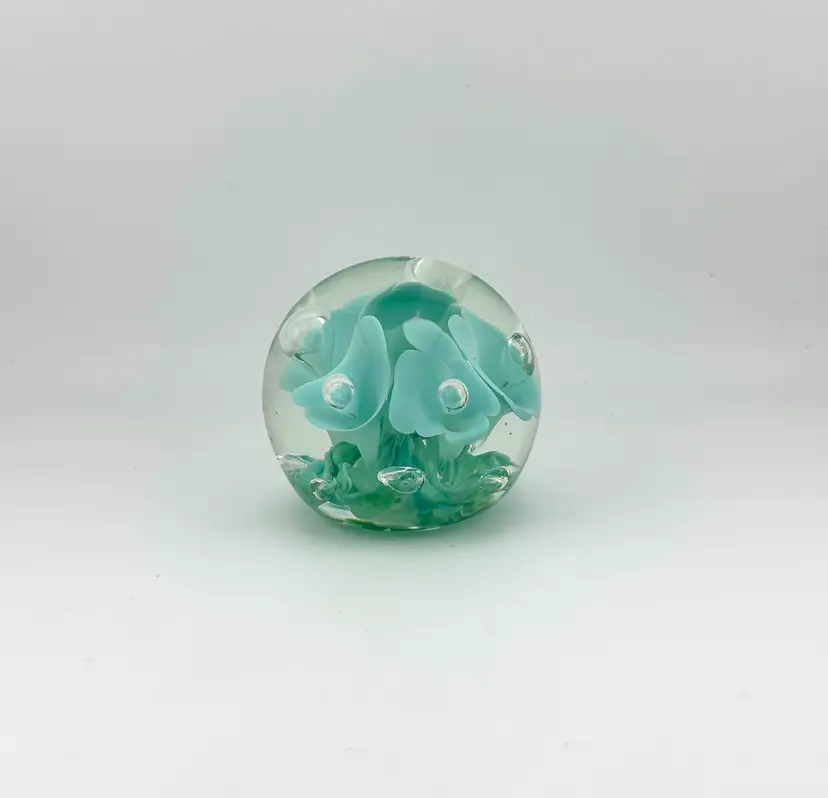 Vintage Joe St. Clair Aqua Flowers Glass Paperweight 2.5”x 2.5”
