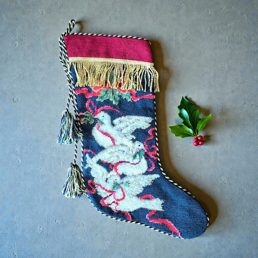 Imperial Elegance Needlepoint Christmas Stocking Doves Tassels Fringe 18" Vtg