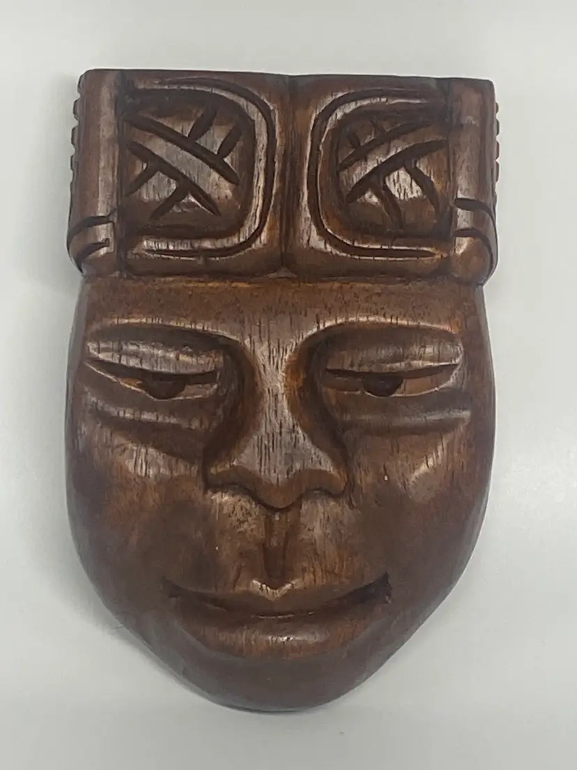 Hand Carved Wood African Mask Wall Hanging, 6" Tall x 4" Wide