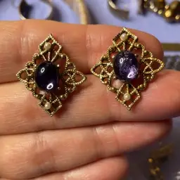 Gold toe, filigree, faux, pearl plastic purple metal stone earrings pierced