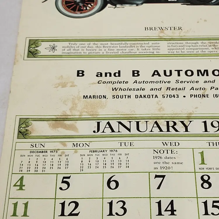 B And B Automotive Marion South Dakota 1975 To 1976 Calendar
