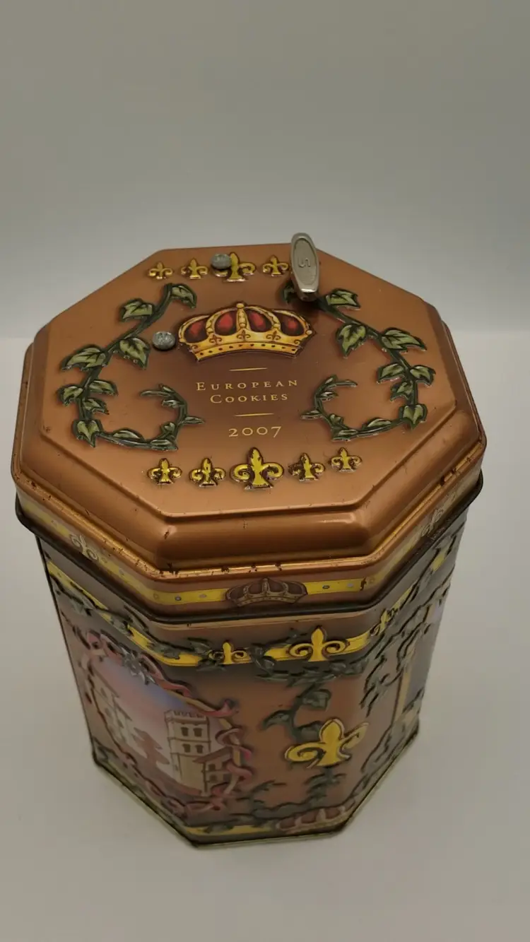 Stieffenhofer Germany Cookie Tin Music Box Neuschwanstein Castle Away in Manger. 2007 music box cookie tin.