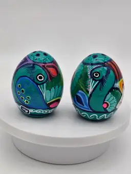 Talavera Salt And Pepper Shakers Hand Made In Mexico Peacock Colorful Blue Green