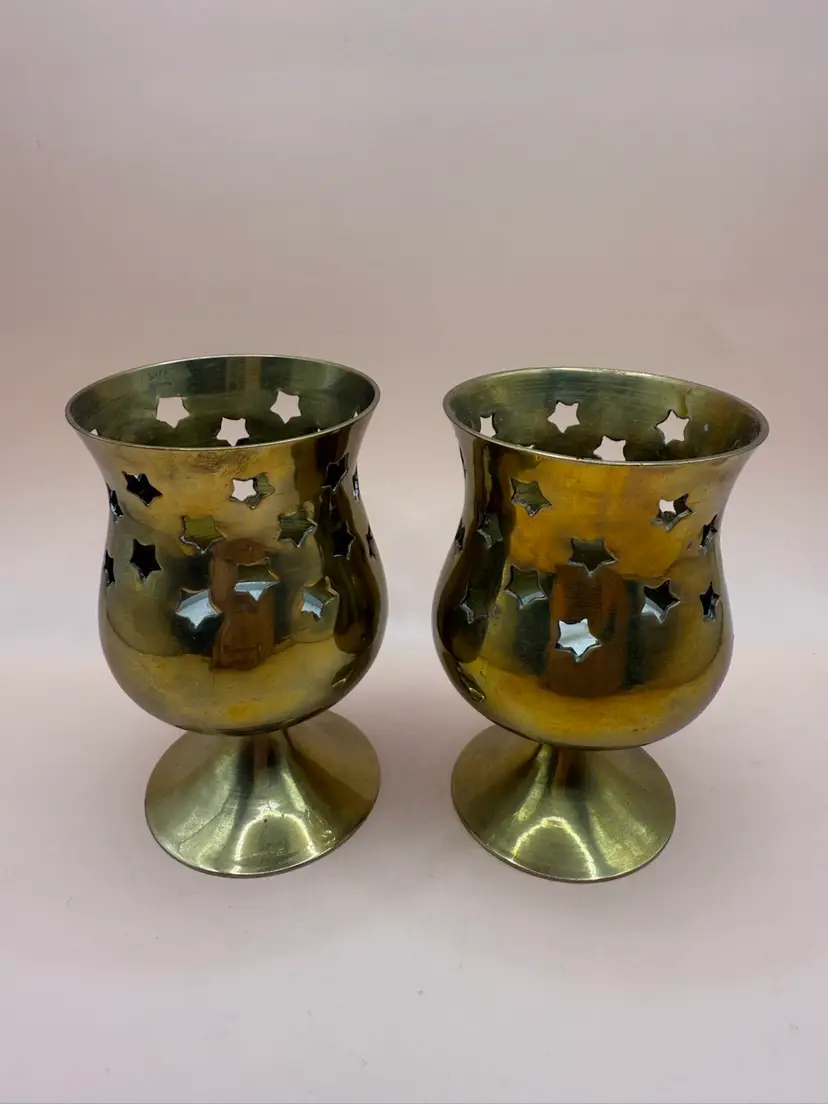 Celestial Fall Holiday Gold Tone Brass Star Cut Out Pedestal Votive Tealight Pair 3.5β