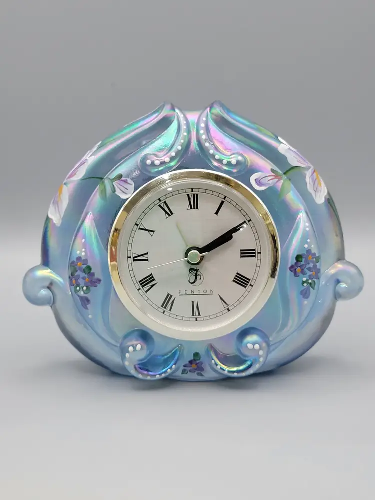 #01 1998 Fenton Signature Series Misty Blue Satin Iridescent Hand Painted Alarm Clock