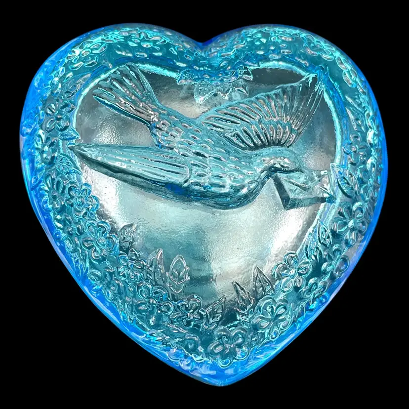 Mosser Blue Glass Trinket Box Heart Shaped Bird w Envelope In Beak UV Reactive