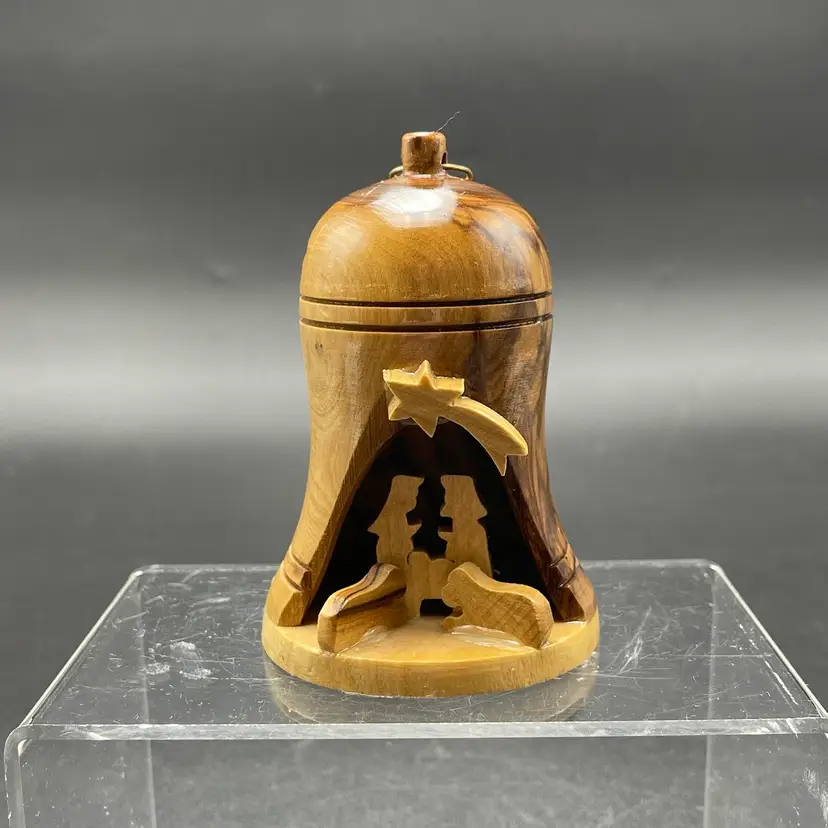 Carved Olive Wood Nativity Holy Family Hanging Christmas Ornament Vintage