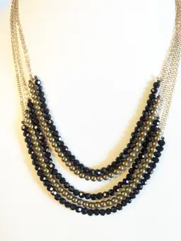 Multi Strand Layered Gold Tone Black Beaded Necklace