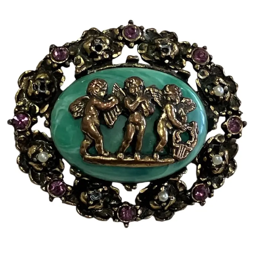 Vintage Cherub Brooch Green Stone~Purple Rhinestones~Faux Pearls(missing 4)