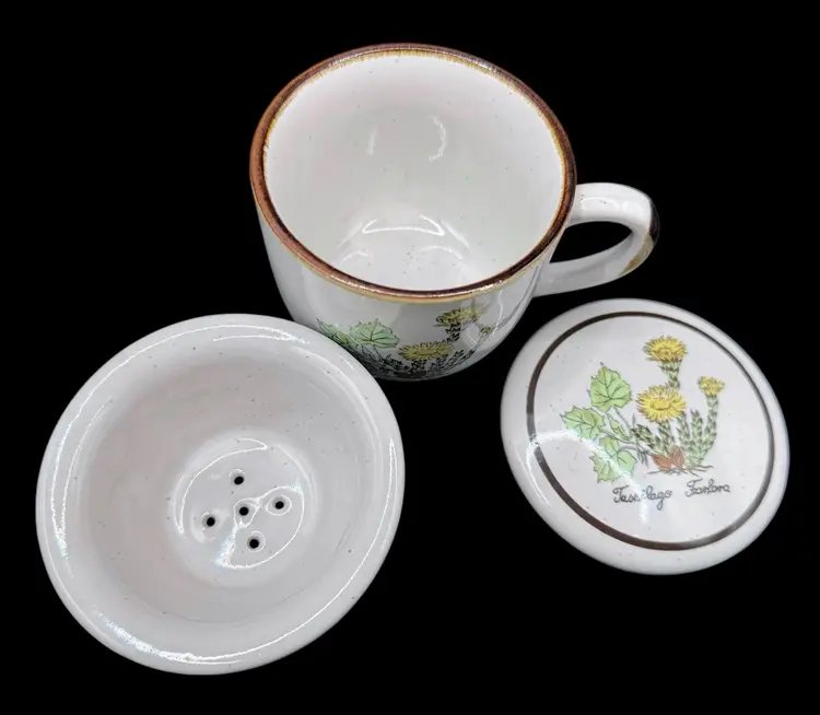 Vintage Ceramic Tea Mug Cup Strainer Coaster Lid Set Yellow Floral Botanical 8oz
