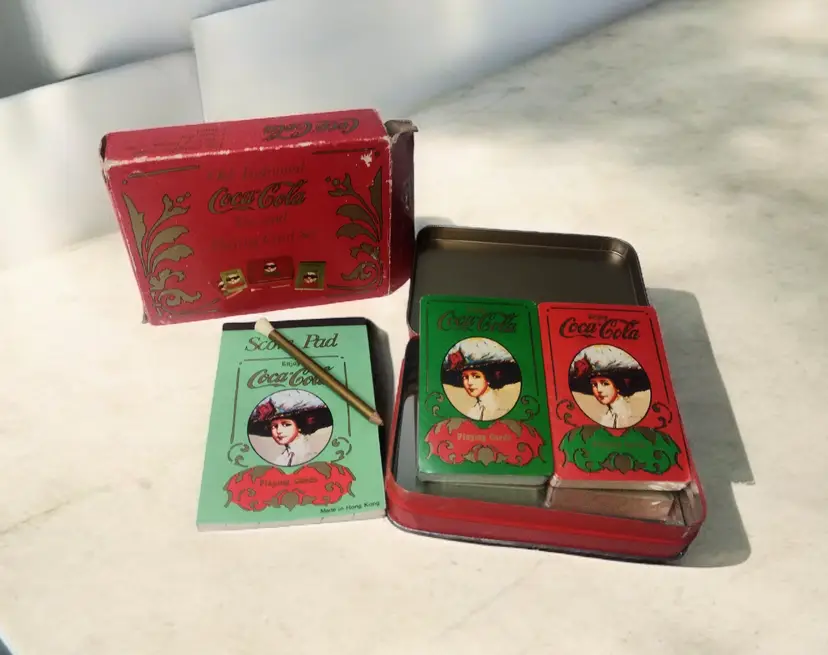 Vintage Coca Cola Card Set in Tin Score Pad Pencil Box Sealed Box Old Fashioned