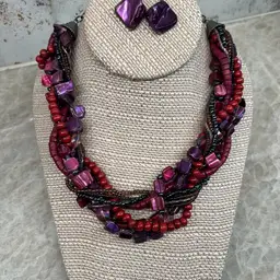Purple Pink, Died MOP, Seed Beads, Crystal Beads, Wood Beads Necklace & Matching Earrings #DA-11