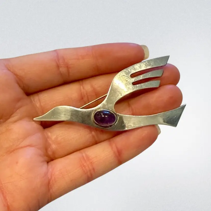 Vintage JH Taxco Mexico Sterling Silver & Amethyst Cabochon Modernist Bird Brooch 2.80”, 10.5g