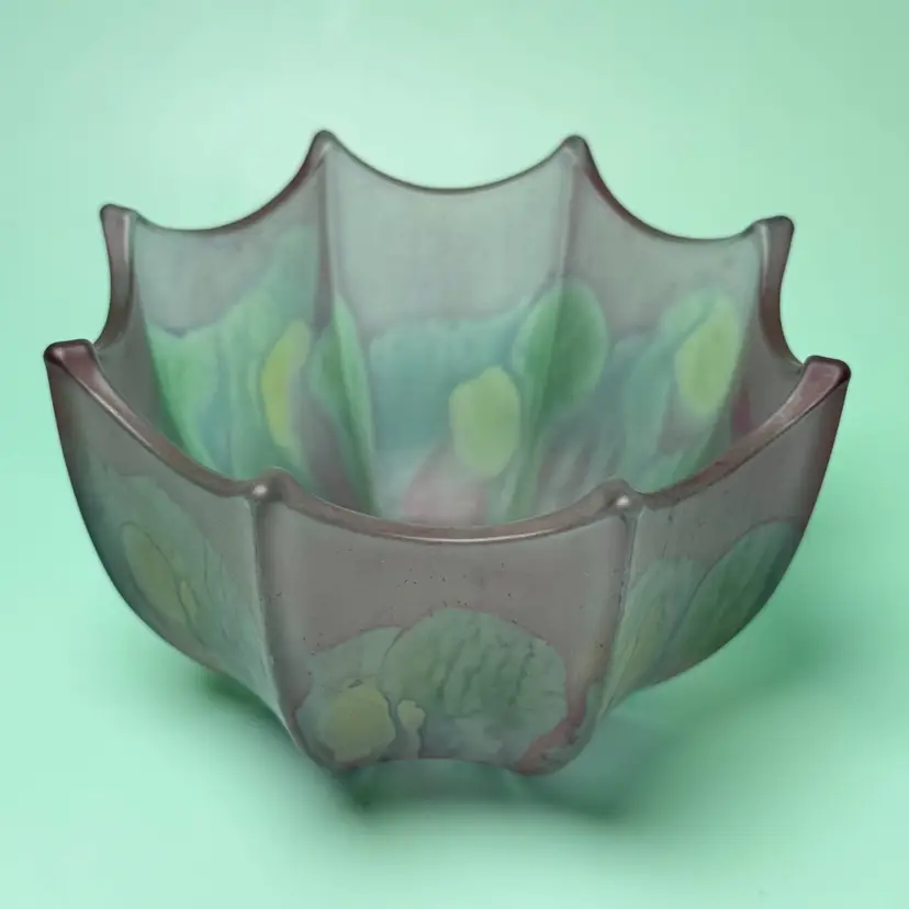 Vintage Rueven Art Glass Octagon Umbrella Bowl Frosted Satin Watercolor Drip 80s
