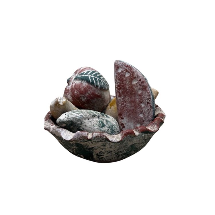 Handmade Mexican Clay 6.5” Wide Pottery Fruit Bowl With Five Pieces Of Fruit