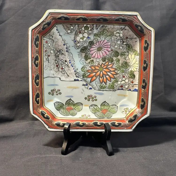 #774 celadon Japanese style Satsuma plate hand sculpted in China and painted in my car unknown artist 1980s Chinese porcelain