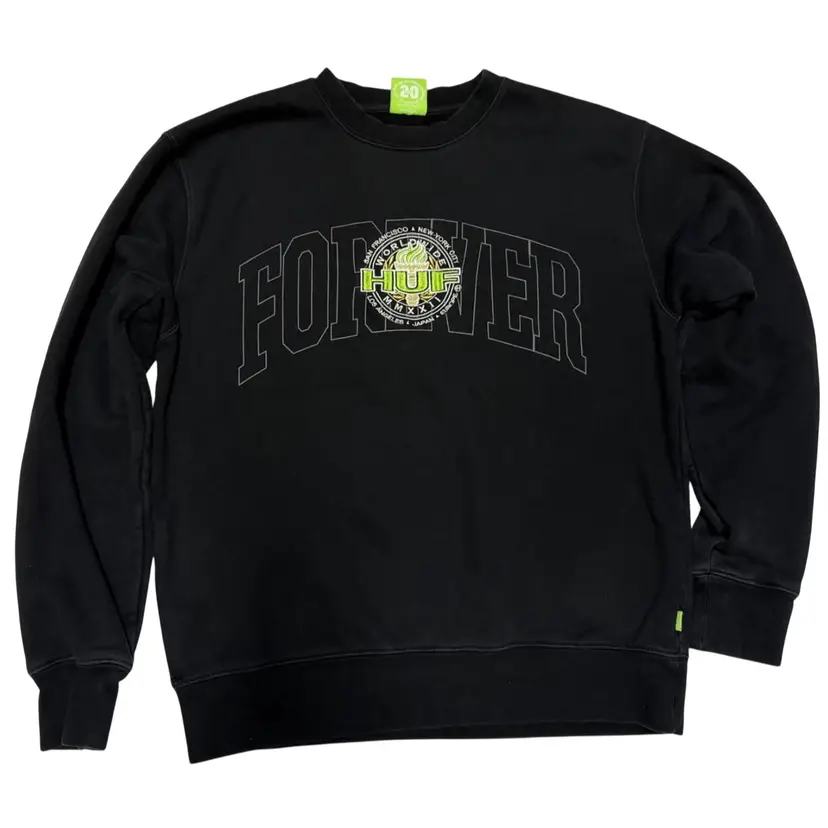 HUF Forever Torch Black & Green Embroidered Crewneck Sweater Unisex Size Small