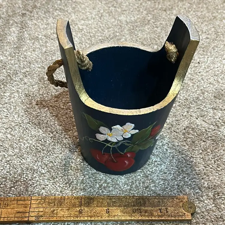 Hand Painted Floral Cherry Wood Decorative Bucket Container With Rope Handle