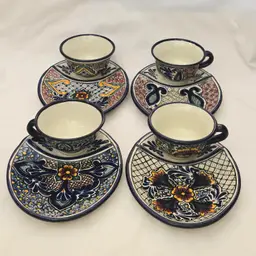 Artisan Talavera Handmade Mexican Pottery Tea Cup & Snack Plate set of 4 Signed Vintage