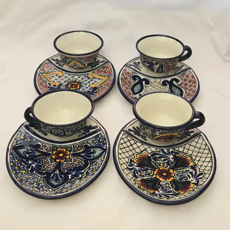Artisan Talavera Handmade Mexican Pottery Tea Cup & Snack Plate set of 4 Signed Vintage