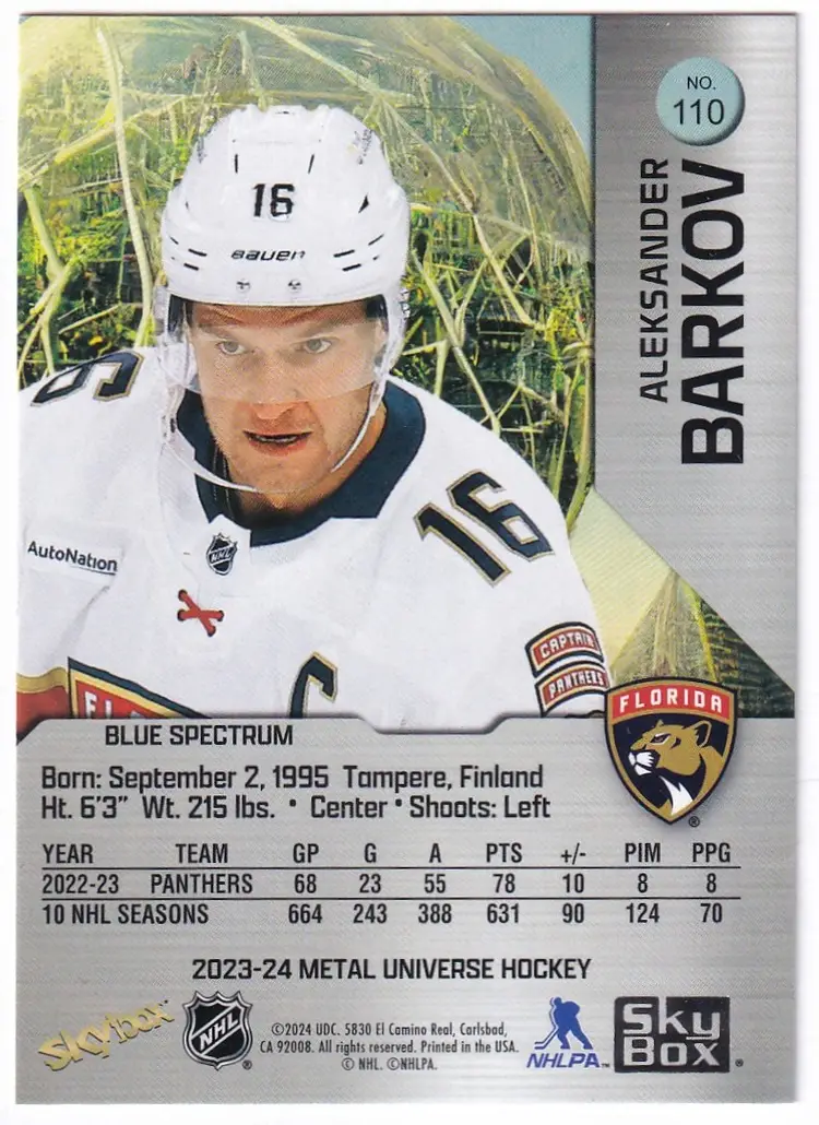 2023-24 Metal Universe Blue Spectrum FX #110 Aleksander Barkov Florida Panthers Hockey Card