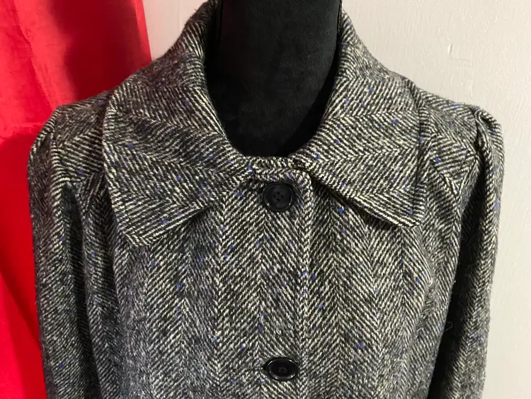 Vintage Lady Suzette Black, Blue, Gray Wool Chevron Button Up Coat/Jacket 70s