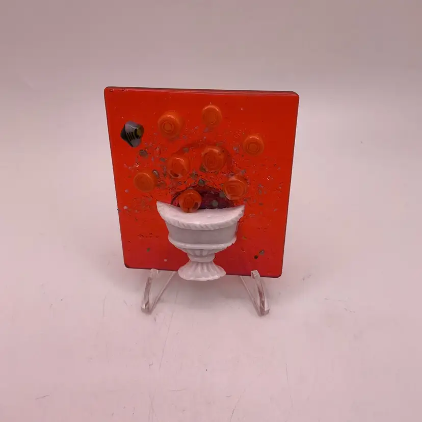 Made by Me! Fused Glass Magnet Orange Flowers 2.5” x 2” Handcrafted Studio Art