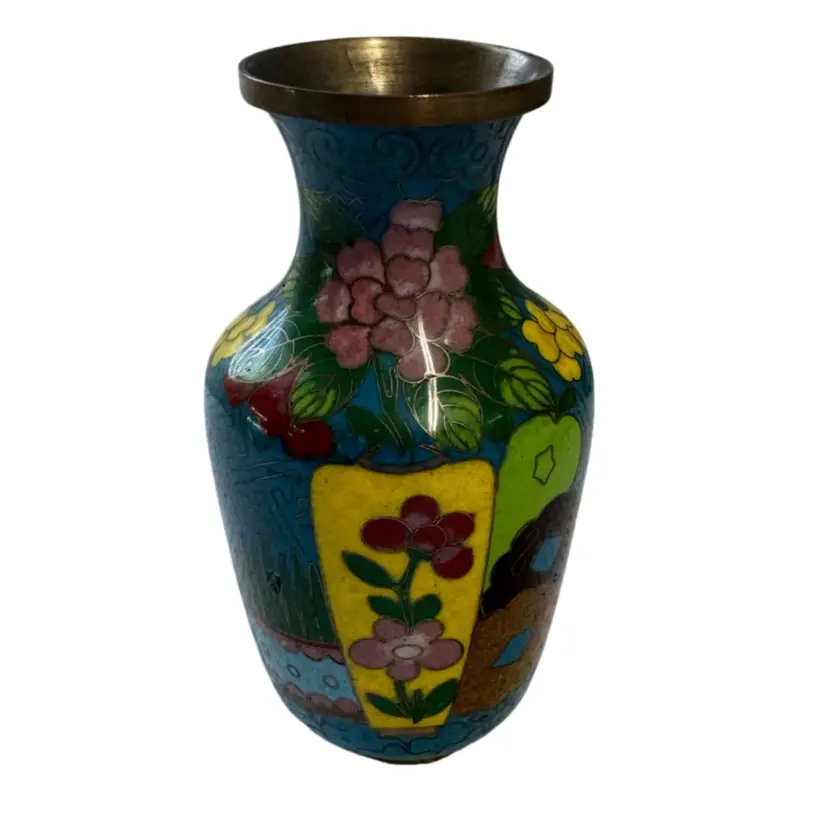 Antique Chinese cloisonné enamel on brass vase with floral motifs.