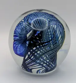 Vintage Robert Burch Blue Swirled Bubble Glass Paperweight Signed and Dated 9/78