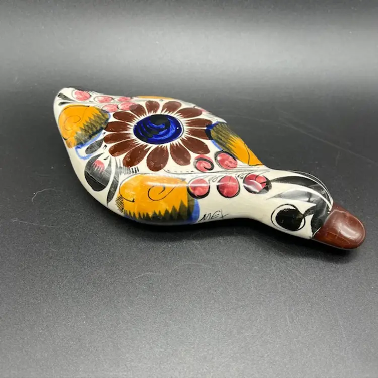 Mexican Pottery Flat Smashed Duck Flowers - Crazing 7" long