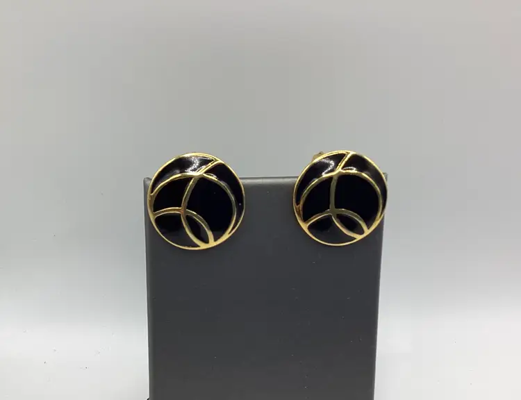 Vintage Monet Earrings / Post with Attached Backs / Black Enamel and Goldtone