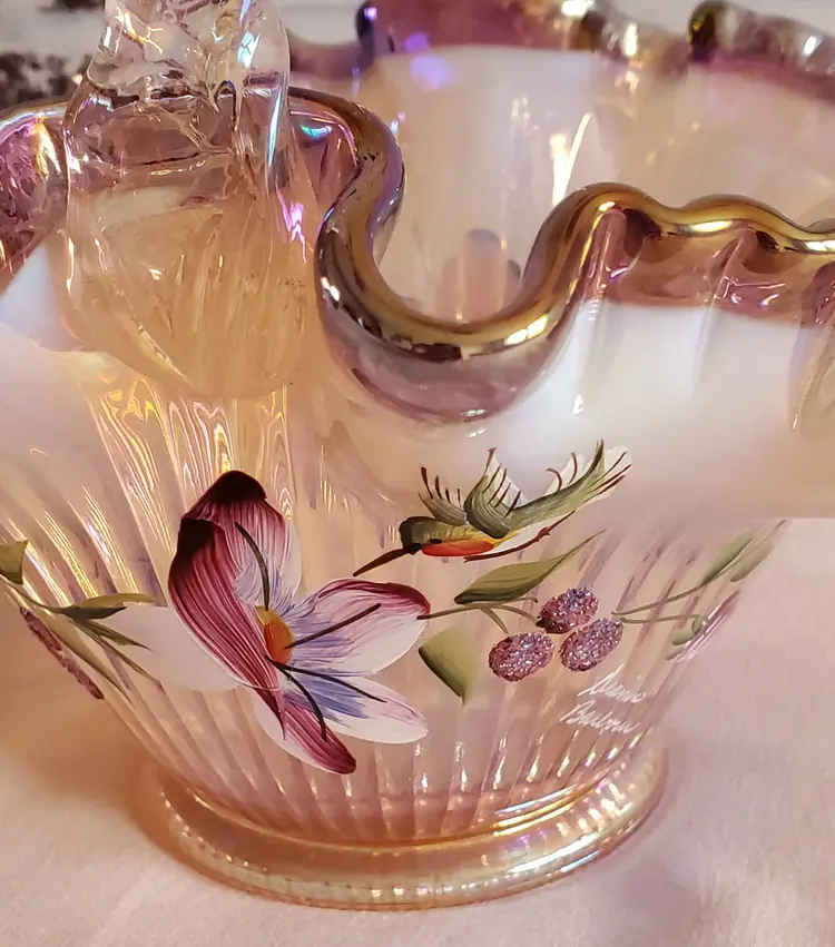 Fenton Iridescent Ribbon Candy Morning Glory & Hummingbird Hand-Painted Glass Basket