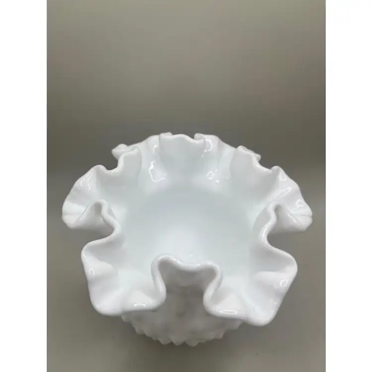 #03 Vintage Fenton Hobnail White Milk Glass Round Ruffled Vase ~ 4 inches tall