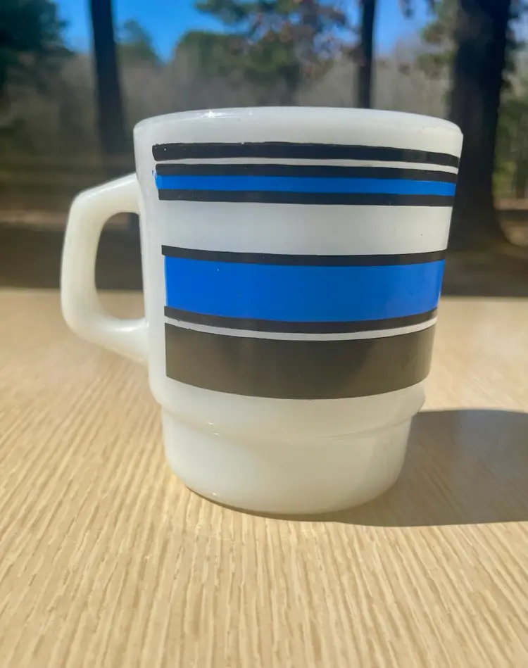 Fire King Vintage Blue & Black Striped Milk Glass Mug