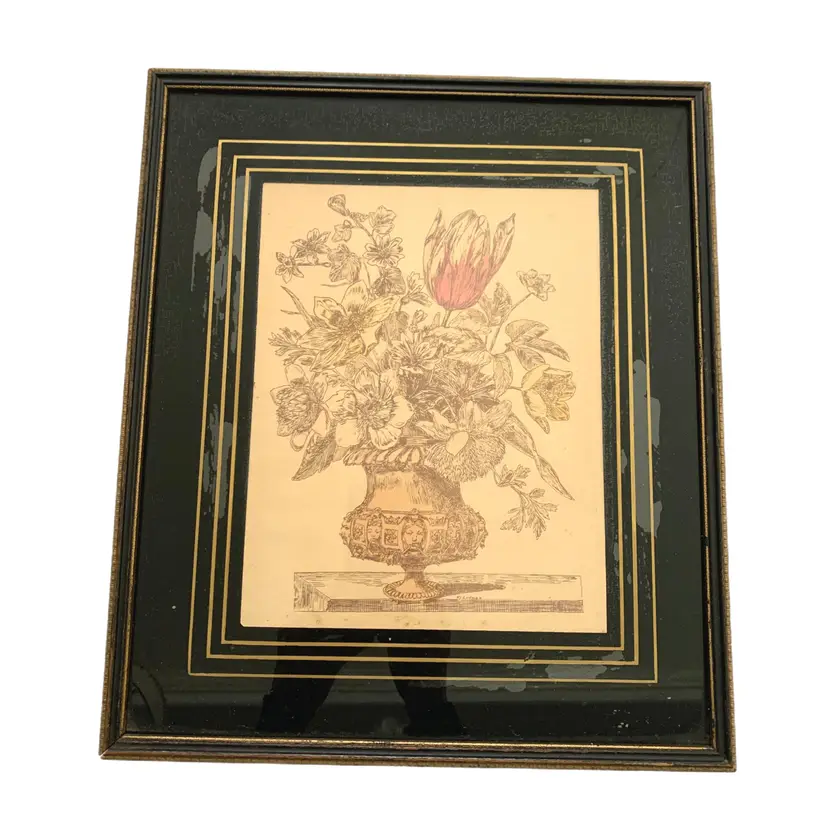 Framed Floral Still Life Signed Print Shabby Decor Cottage Core Vintage 1940s.  Some peeling to the inside were glass is painted, please refer to photos for details